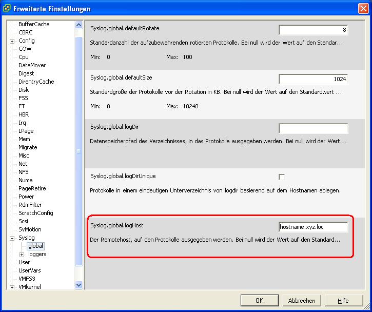 Syslog Hosteinstellung im vSphere Client