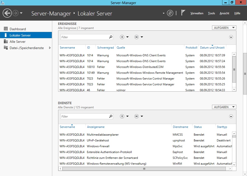 Dienste und Ereignisse im Server-Manager
