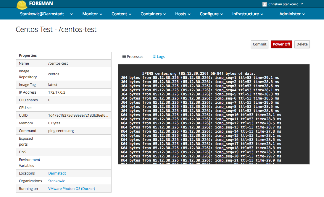 Aktiver Docker-Container innerhalb Foreman